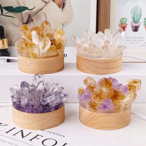 Veilleuse naturelle en cristal avec base en bois, lampe de chevet USB décoration.