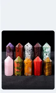 Detailed view of natural crystal and gemstone hexagonal columns, polished and neatly arranged.