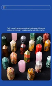 Close-up detail of natural crystal and agate hexagonal prism wands for home decor.