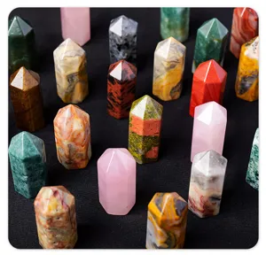 Natural crystal gemstone single termination hexagon pillars assortment for home decor display.