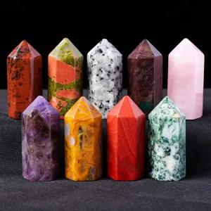 Natural crystal gemstone hexagonal pillar towers set for home decoration and crystal healing collection.
