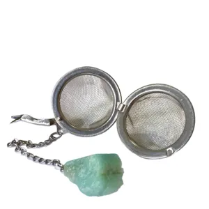 Stainless Steel Tea Infuser Ball with Natural Raw Green Crystal Stone Pendant and Chain
