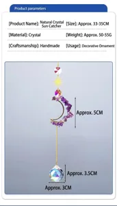 Kristalen zonnevanger detail met handgemaakte amethist maan en hanger afmetingen.