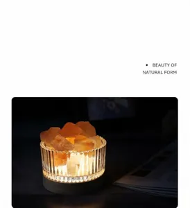 Lámpara de sal de cristal luz nocturna con tarro de vidrio y base de madera para hogar.