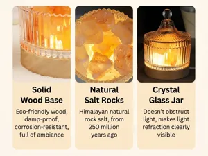 Detalles de la lámpara de sal de cristal con tarro de vidrio transparente y base de madera.