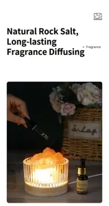 Difusor de aroma de lámpara de sal de cristal natural con recipiente de vidrio y aceite esencial.