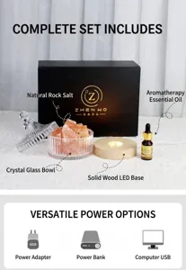 Set difusor de aroma de lámpara de sal de cristal con base de madera USB, cuenco de vidrio y aceite.