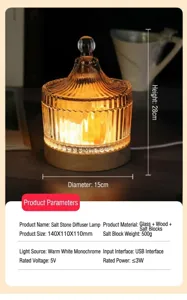 Lámpara de sal de cristal aromaterapia luz nocturna con tapa de vidrio y base de madera.