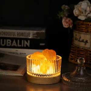 Lámpara de Sal de Cristal del Himalaya Luz Nocturna de Aromaterapia Tarro de Vidrio Base de Madera Alimentada por USB Iluminación de Ambiente de Cabecera