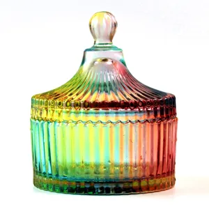 Tarro de caramelos de vidrio iridiscente colorido con tapa, recipiente de almacenamiento.