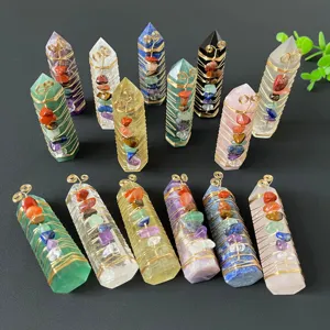 Natural crystal hexagonal pillar handmade wire wrapped colorful stone crystal columns decor