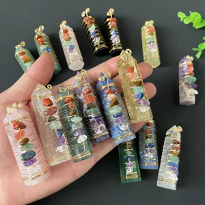 Natural crystal chakra stone hexagonal pillar handmade wire wrapped pendant detail view.