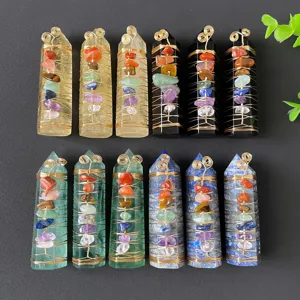 Natural crystal hexagonal pillars with wire-wrapped colorful chakra stone chips, exquisite 12pcs set.