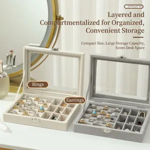 Boîte à bijoux en velours avec couvercle transparent, organisateur de bagues et boucles d'oreilles.