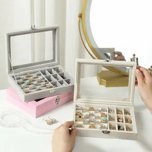 Boite a bijoux en velours avec couvercle en verre transparent pour bagues et boucles