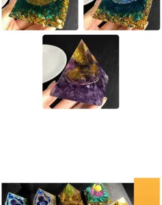 Handmade epoxy resin crystal stone pyramid decor for home office desktop ornament.