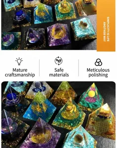 Handmade crystal stone resin pyramid desk decor, energy healing orgone pyramid sculpture.