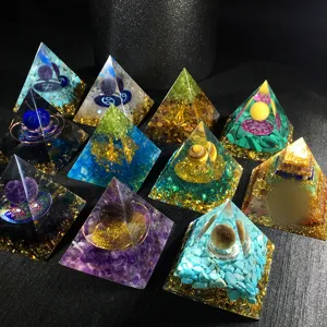 Handmade Resin Crystal Pyramid Figurine Natural Stone Chips Energy Tower Desktop Ornament Home Decor