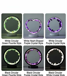 Natural crystal gemstone LED table lamp variants with geometric frames and colorful stone lights.
