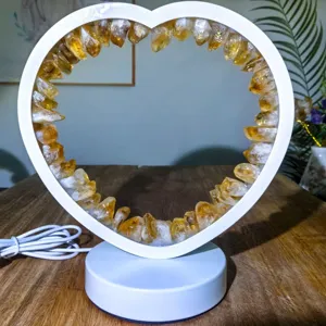 Natural Citrine Crystal Heart LED Desk Lamp Raw Stone Night Light For Bedroom Decor