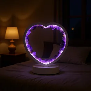 Heart Shaped Natural Amethyst Crystal LED Table Lamp for Bedroom Bedside Night Light