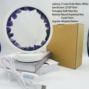 Natural amethyst raw stone LED ring table light with three color lighting and weighted base.