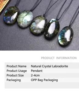 Natural labradorite gemstone pendant detail, handcrafted black cord, unique flash.