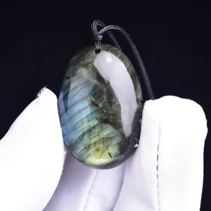 Natural Labradorite Crystal Pendant with Black Braided Cord Handcrafted Gemstone Necklace