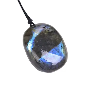 Natural raw labradorite crystal gemstone pendant blue moonstone necklace with hand woven rope