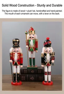 Wooden nutcracker figurine set, handmade decorative soldier statues with movable mouth.