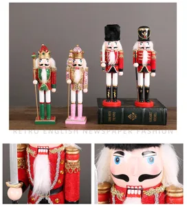 Close-up details of wooden nutcracker figurines, showcasing fine holiday decor features.