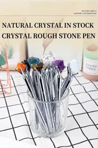 Natural crystal raw stone ballpoint pen detail, silver metal office school supply gift.