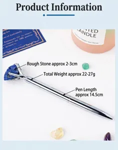 Close-up detail of the metal ballpoint pen featuring natural rough crystal stone accent.