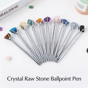 Natural Crystal Raw Stone Ballpoint Pen Creative Semi Precious Stone Metal Silver Signature Pen Office Stationery Gift