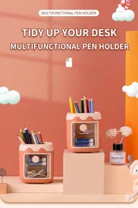 Cute cartoon pig multifunctional pen holder with drawers, desktop stationery organizer box.