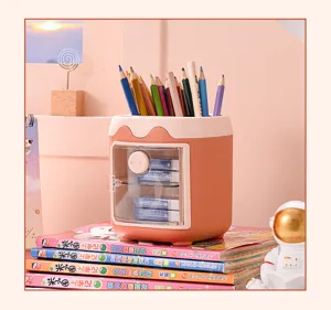 Cute cartoon pig pen holder with transparent drawer, creative desktop stationery storage box for desk.