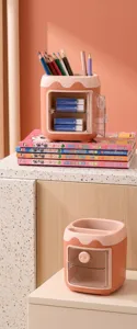 Cute cartoon pig pen holder with door desk stationery storage box organizer for students office