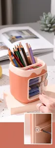 Cute cartoon pig pen holder with dustproof magnetic door multi-grid desktop stationery storage box