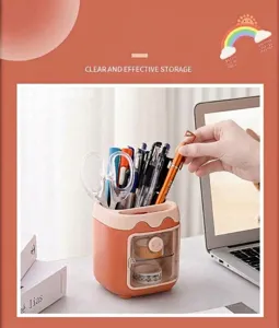 Cute cartoon pig pen holder with transparent drawer, multi-grid desktop stationery organizer.