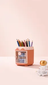 Cute cartoon pig pen holder with drawer, multi-grid desktop stationery storage box for students.