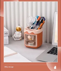 Cute cartoon pig desk pen holder with multi-compartment and drawer for office stationery storage.
