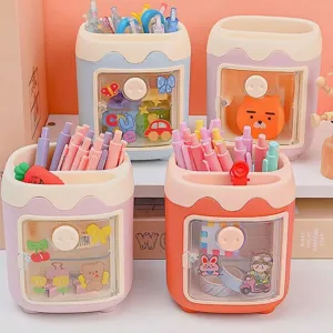 Cute Cartoon Pig Multi-Grid Pen Holder Desktop Stationery Storage Box With Drawer And Dustproof Door Student