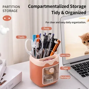 Cute cartoon pig pen holder, multi-grid desk organizer with drawer for office and school stationery.