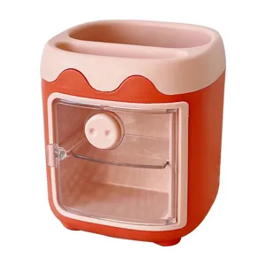Cute cartoon pig desk organizer multi-grid stationery storage box with transparent door pink.