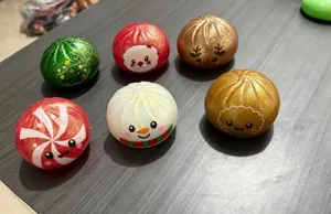 Close up of cute Christmas themed squishy toys set featuring holiday decompression details.