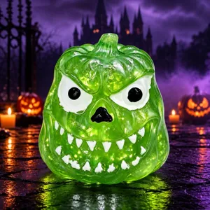 Halloween gruener Kurbis Antistress Spielzeug mit Glitzer und Maltose Fuellung Detail.
