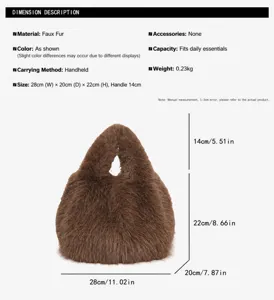 Detailed size chart of the furry handbag showing 28cm width, 22cm height and handle specs.