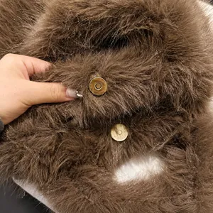 Brown plush handbag detail winter fluffy tote bag soft faux fur bucket bag trendy style