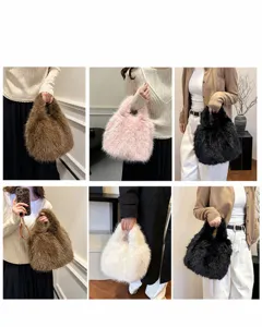 Plush fuzzy handbag for women winter fashion fluffy bucket bag trendy soft fur tote bag