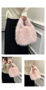 Chic pink fluffy plush handbag for women, soft winter faux fur bucket bag detail.